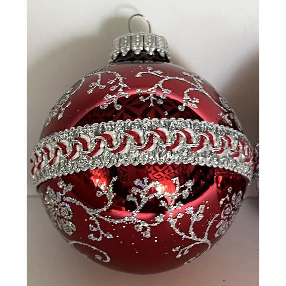 Vtg Lot of 4 Krebs Red Silver Glitter Floral Victorian Ornaments Ribbon Glass - Picture 2 of 12